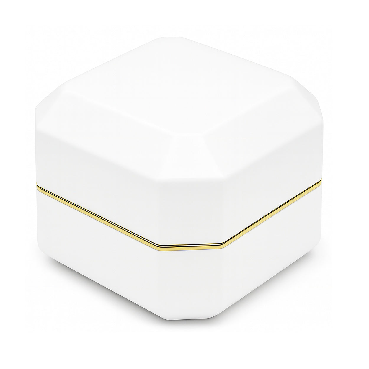Closed white matte ring box with gold trim