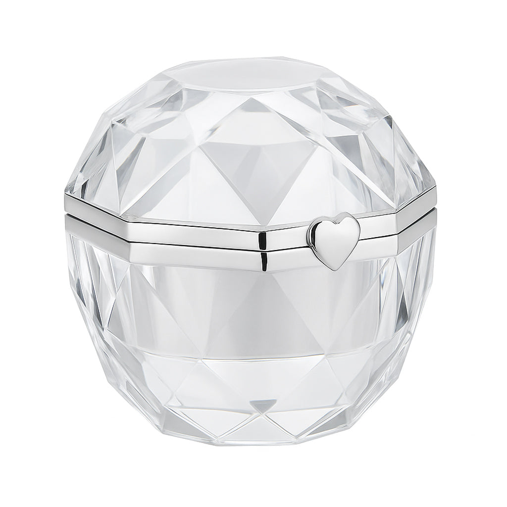 Closed crystal diamond shaped ring box with silver heart detail