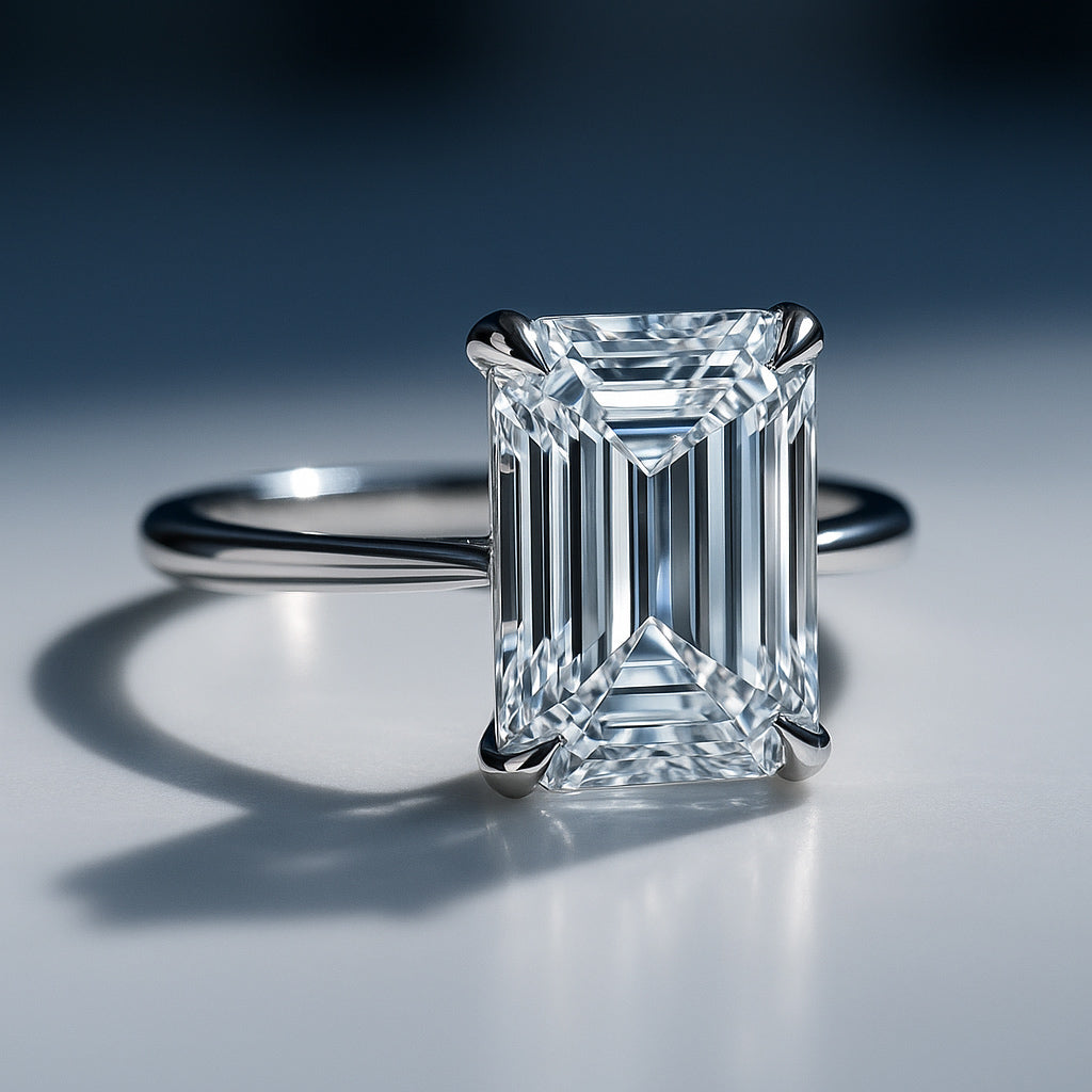 Emerald cut diamond engagement ring on platinum band