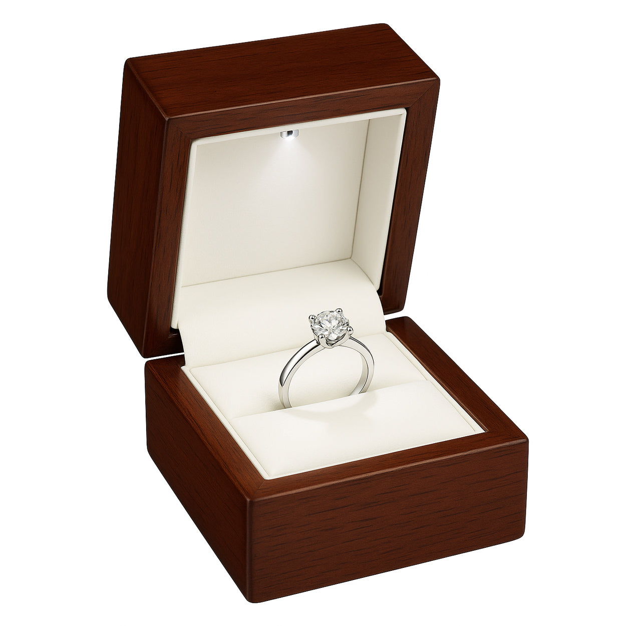 Open polished mahogany wood ring box with LED light holding engagement ring